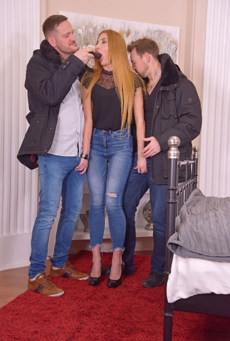Sexy redhead Marilyn Crystal gets double fucked on a bed in high heeled shoes 41869478